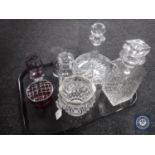 A tray of seven pieces of glass ware - whiskey and ship style decanters, ice bucket,