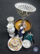 A continental flower encrusted comport, tray of Maling pieces, Aynsley vases, figures,