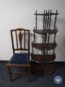 A pair of five tier corner whatnot stands together with an Edwardian mahogany bedroom chair
