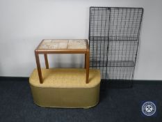 A Danish teak tile top coffee table together with a loom blanket box and a fire guard