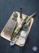 A tray containing carving knives, Indian sword, brass hand bell,