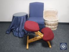 A mid 20th century buttoned bedroom chair together with a further bedroom chair in a blue fabric,