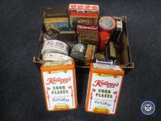 A box containing a quantity of vintage tins including two French Cornflakes tins