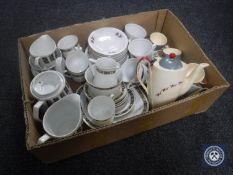 A box containing assorted tea china to include a fifteen piece Burleigh ware Viscount coffee set,