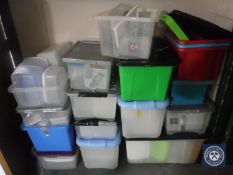 Seventeen assorted plastic storage boxes (sixteen with lids),