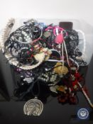 A box of assorted costume jewellery, Bucks Rogers Panini stickers,