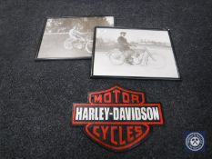 Two antiquarian framed photographs depicting men on Harley Davidson motorbikes together with a