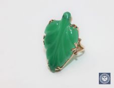 A high carat gold green jade set ring,