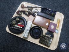 A tray of pipe, lighters, collection of pen knives, Sheaffer pen, two brass cased tape measures,