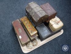 A tray containing assorted wooden trinket and jewellery boxes