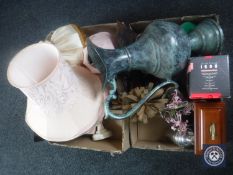 Two boxes containing marble table lamps, chopping boards, large metal ewer, plated ware,