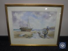A gilt framed 20th century watercolour, figures on a coastline, signed Michael S.