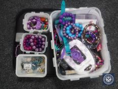 A tray containing a large quantity of costume jewellery and silver rings