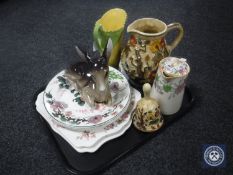 A tray of Burleigh ware bull rush jug, Indian tree jug and bell, continental figure of a deer,