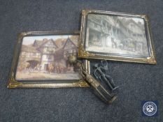 A pair of early 20th century FM Bennett framed prints together with two metal figures