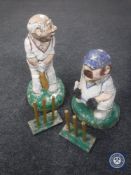 Six hand painted concrete figures of cricketers together with two sets of wooden stumps