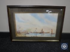 A mahogany framed watercolour depicting a harbour scene,