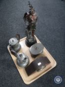 A tray containing spelter figure, plated, lidded pot, two pewter teapots,