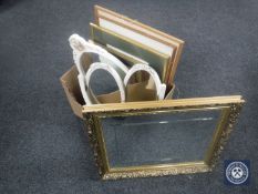 A box containing cream and gilt triple dressing table mirror, framed pictures,