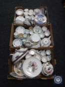 Three boxes containing a large quantity of miscellaneous tea china, hand-painted china comports,