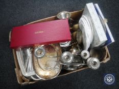 A box containing 20th century plated wares together with a boxed three piece Walker & Hall carving