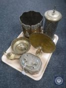 A tray containing assorted Eastern brass wares including an octagonal lion mask handled planter,