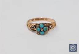 A Victorian 15ct gold diamond, seed pearl and turquoise set ring,