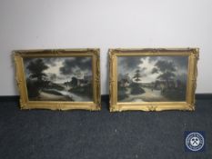 A pair of gilt framed 20th century oils on canvas, rural village scenes, signed R.