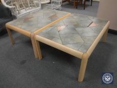 A pair of Danish beech framed tiled topped coffee tables