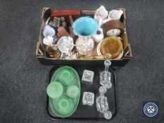 A box and a tray containing an Art Deco green glass dressing table set,