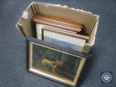 A box containing nine framed pictures to include five I.