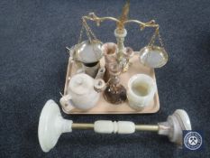A tray containing onyx and brass balance scales, onyx pestle and smoker's stand,