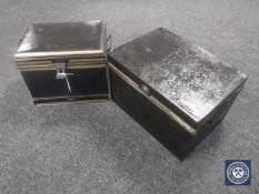 Two early 20th century hand painted metal deed boxes,