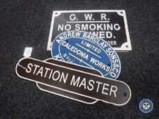 Three cast iron railway plaques including Caledonia Works, G. W. R.