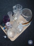 A tray of assorted glass wares including decanters, claret jug, vases and ice bucket,