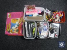 A tray containing assorted pens, key rings, pin badges, sew on patches metal figures etc,