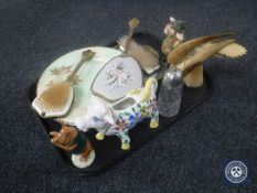 A tray containing a petit point dressing table set, Maling wall plaque, Beswick figure of a pig,