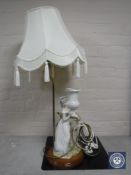 A Spanish pottery figural table lamp with shade,