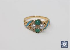 An antique diamond, seed pearl, turquoise and enamel ring,