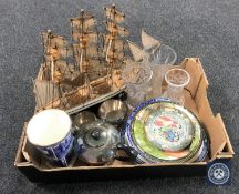 A box containing model of a three mast galleon, Ringtons pieces, crystal vases,