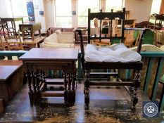 A small oak armchair and an oak nest of three tables