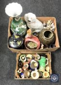 Two boxes containing Toby jugs, Staffordshire dog, oriental porcelain vase,