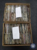 Two boxes containing a large quantity of 45 singles; The Beatles Rolling Stones,