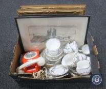 A box containing part Duchess porcelain tea set, vintage telephone,