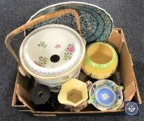 A box containing Maling jug and bowl, Wedgwood Jasperware dish,