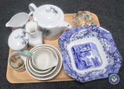 A Royal Worcester Black Peony teapot, milk jug and sugar pot, together with floral butter dish,