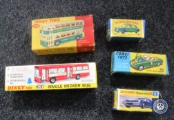 Five die-cast model vehicles : Dinky Toys Leyland Atlantean Bus Model Number 293,