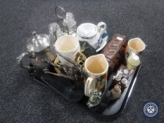 A tray of silver plated teapot and cruet stand, Ringtons china, Art Deco style figure etc,