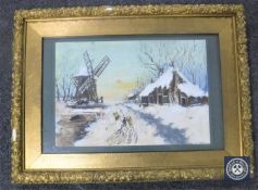 A gilt framed watercolour, farmstead in winter landscape,