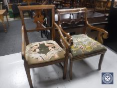 Two antique continental tapestry seated armchairs
